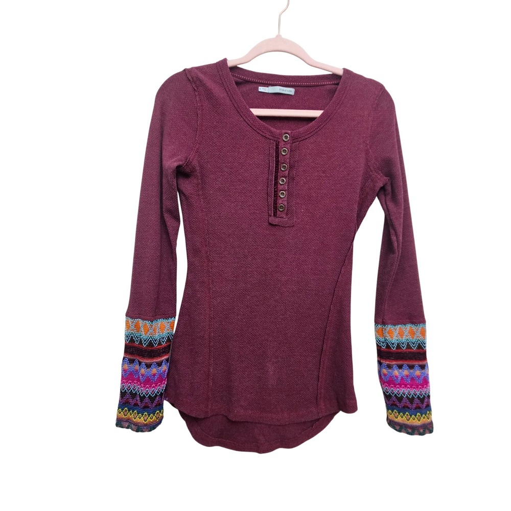 Maurices Henley Thermal Top Womens S Burgundy Aztec Embroidered Waffle Knit Boho